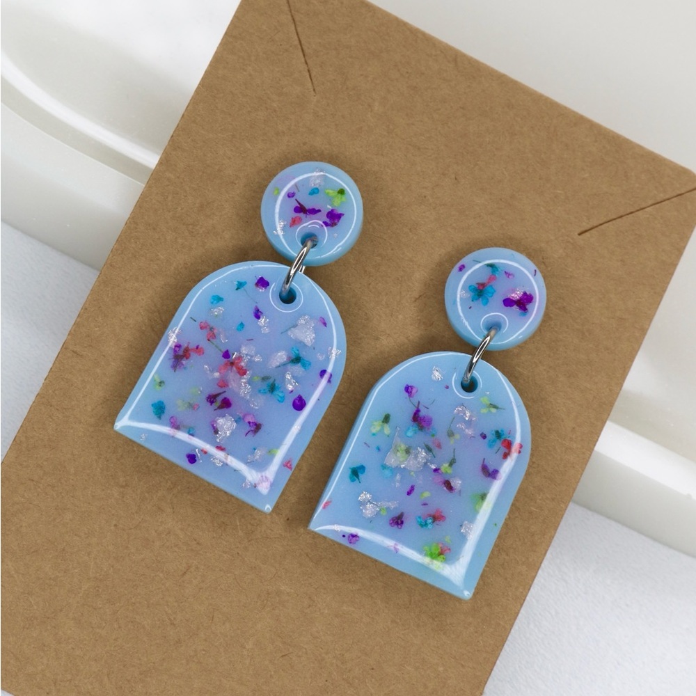 Blue Handmade Earrings With Real Pressed Flowers And Silver Accents- New
